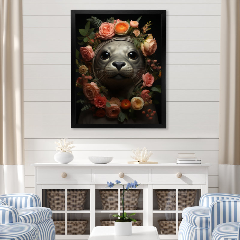 «Floral Harbor Seal Blooms I» - art mural animaux côtiers, H 20 po x l 12 po x P 1 po, Cadre simple noir