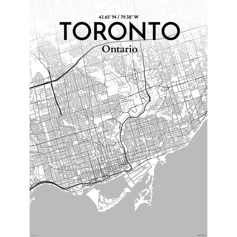 « toronto city map », reproduction d’impression sur affiche en tons, H 24 po x l 18 po