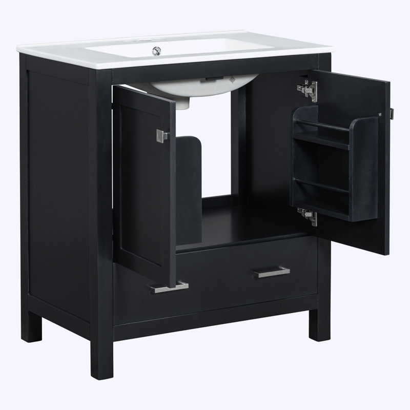Meuble-lavabo avec lavabo simple, 2 portes et un tiroir, Noir, noir, noir, noir