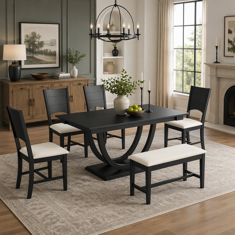 Ensemble de 6 tables de salle à manger en bois 6 pièces avec banc long et 4 chaises, style moderne, gris, Gris, Black, Black