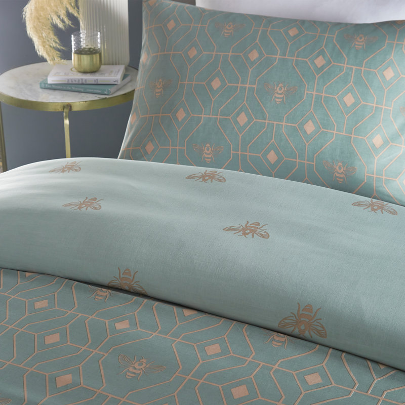 Bee Deco 144 TC, Super King Duvet Cover + 2 Standard Pillowcases, Eau De Nil