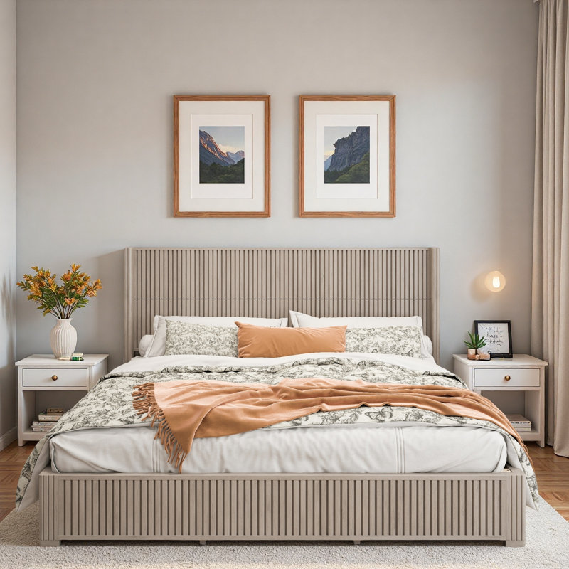 Lit plateforme en bois avec décoration grain de bois vertical, Beige, Très grand lit