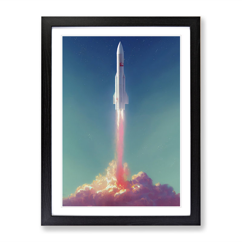 XV1022-4007X Spaceship Rocket In Flight No.4 - Single Picture Frame Print, 64cm H x 46cm W x 2cm D, Black