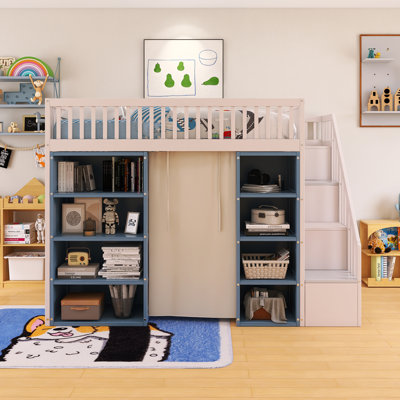 Wood Frame Full Size Loft Bed With 2 Four-Layer Storage Shelves And Curtain
