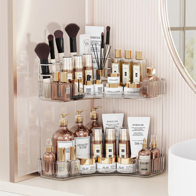 Organisateur de comptoir de salle de bain à 2 niveaux avec porte-brosses à dents, grand comptoir de maquillage avec porte-brosse, organisateur de soins de la peau, organisateur de meuble-lavabo exquis (transparent, 2 niveaux)