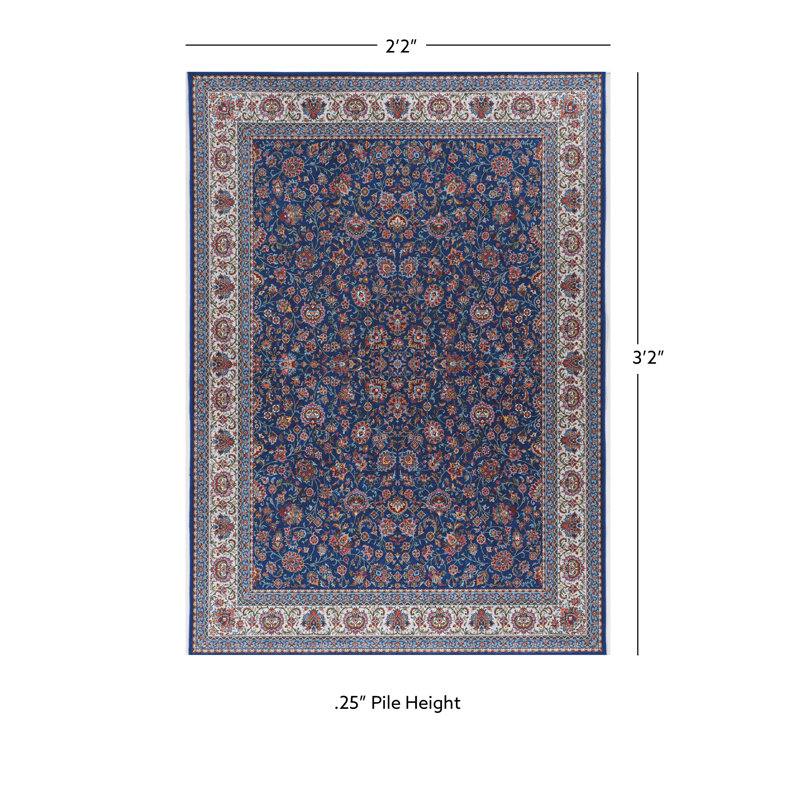 Tapis bleu marine et ivoire tissé à plat à la machine avec envers antidérapant Emanuel , Rectangle 2 pi 2 po x 3 pi 2 po