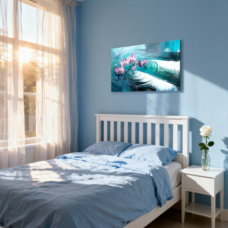 Tableau abstrait sur toile tendue représentant une orchidée et des ondulations d'eau, idéal pour décorer un salon, une chambre ou un bureau.