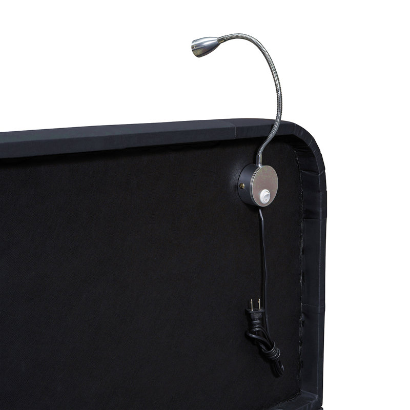 Grand lit plateforme tapissier avec 2 lampes de lecture, noir