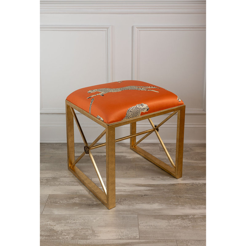 Scalamandre Upholstered Dining Bench, Clementine Orange/Antiqued Gold, Clementine Orange