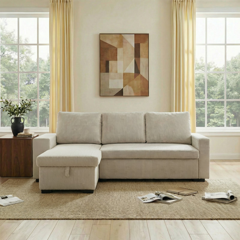 Canapé modulaire en L 73,62 po à rayures en L pour le salon, Velours côtelé beige