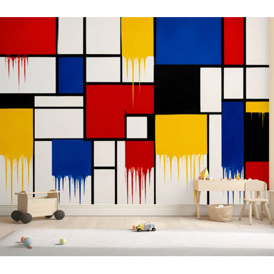 Wall Mural Peel and Stick Wallpaper Abstract Geometric Dripping Red Yellow Blue Black Squares Self-Adhesive Removable Contact Paper Wall Decor for Living Room Bedroom 69"H x 96"W