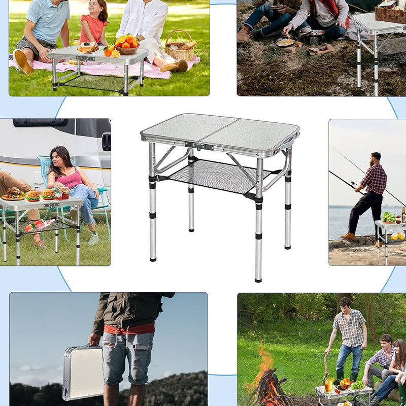 Small Folding Table, 3 Adjustable Height Foldable Table, Outdoor Folding Table with Net Mesh, White Metal Folding Table for Patio BBQ