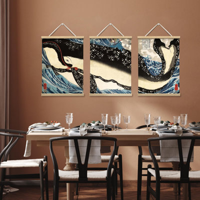 Vague emblématique japonaise et affiche murale suspendue en forme de faune encadrée en bois