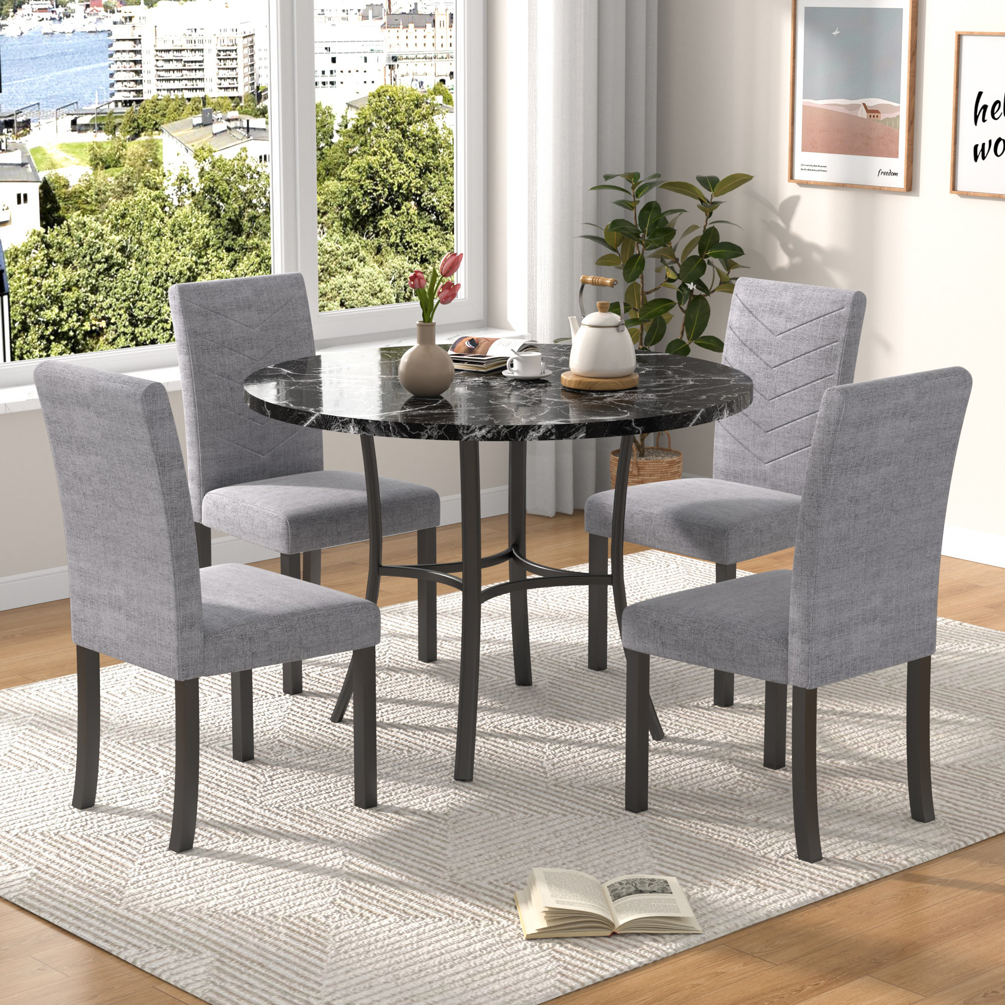 Winston Porter 36 inch Round Dining Table Set for 4 Mid Century Modern Small Scale 4 Leg Dining Tables Upholstered Dining Chair Set for Dining Room Kitchen