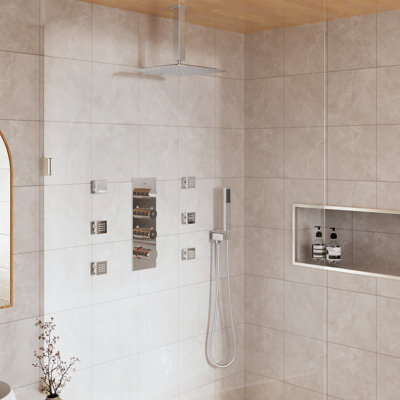 3-Fuction 12" Ceiling-Mount Thermostatic Rainfall Shower System with 6 Body Jets and Rough-in Valve