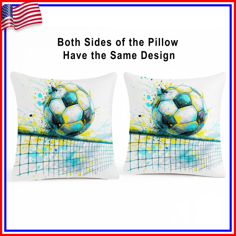 Illustration de ballons de soccer, coussins décoratifs à double face, 18 x 18 pouces, Bleu ciel clair et citron vif