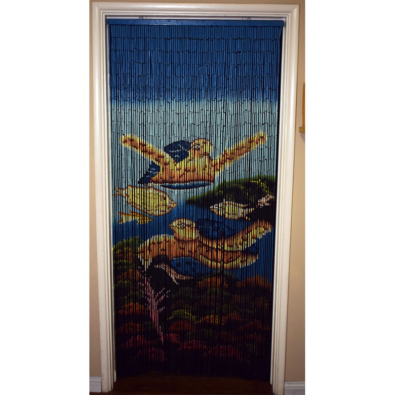 Handmade Bamboo Beaded Curtain with Turtle Scene in Blue and Brown