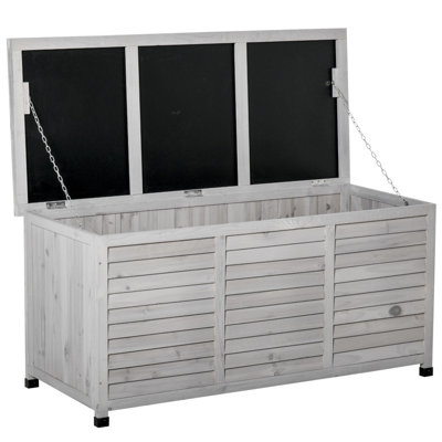 Boîte de rangement en bois 75 gallons - Contenant de rangement extérieur avec espace d'aération et finition résistante aux intempéries pour coussins de patio, outils de jardin et jouets de piscine