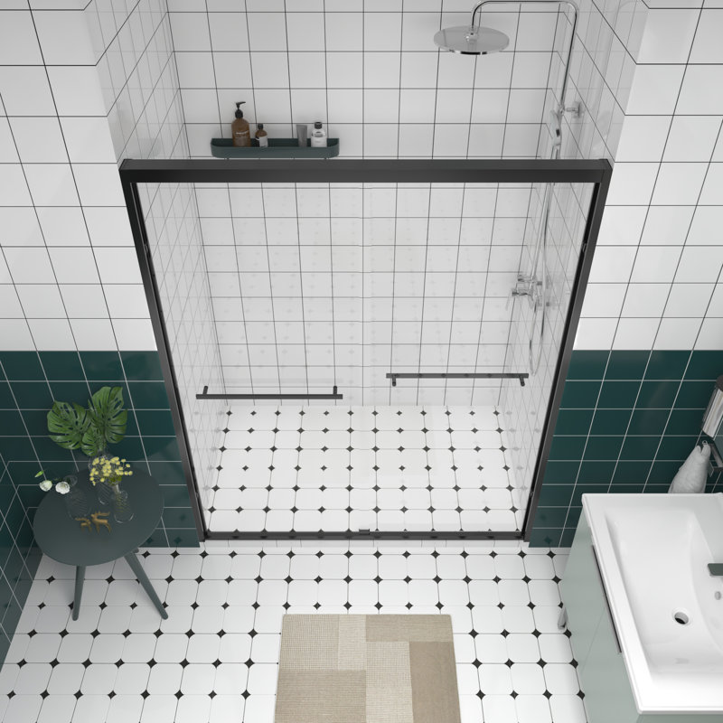 Aluminum Frame Double Sliding Glass Shower Enclosure With 1/4"  6Mm  & Tempered Glass, Safe Design, Handle For Bathroom