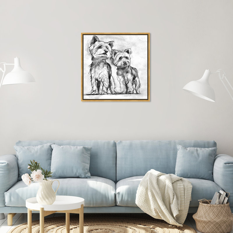 " Pet Yorkie Sketch Modern White " Painting Print, Gold Plastic Framed, 25" H x 25" W x 1.75" D