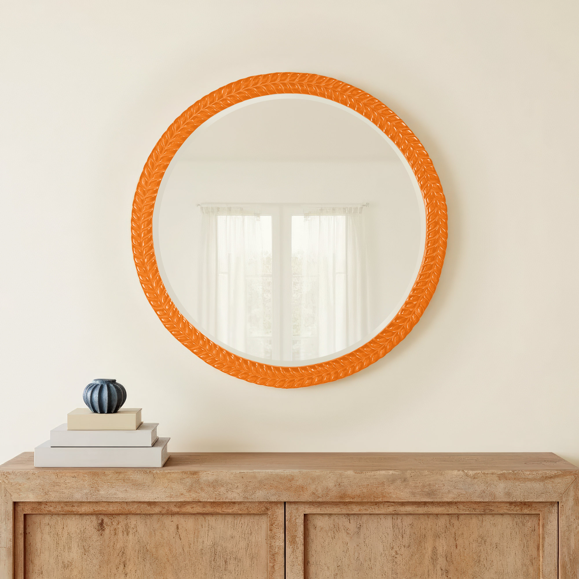 Fideline Wood Round Wall Mirror, Orange
