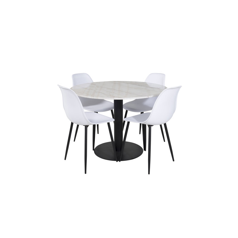 Malec Marble Dining Set, White, White, Black