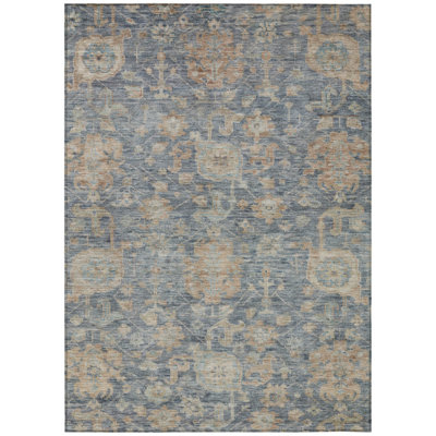 10' X 14' Denim Blue Brown And Beige Damask Washable Indoor Outdoor Area Rug