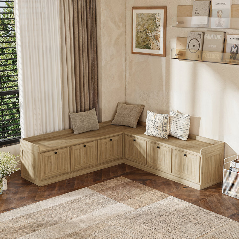 L-Shaped Storage Bench With Lift-Top Compartments, Corner Entryway Shoe Bench With Hidden Storage, PB Board, Light Wood Finish
