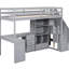 Lit mezzanine simple gris avec bureau en L, tiroirs et escalier rempli de rangement-591978323