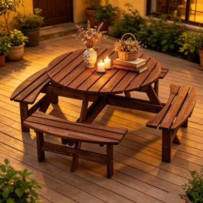 8-Person Circular Outdoor Wooden Picnic Table for Patio, Backyard, Garden, DIY with 3 Built-in Benches, Outside Table Set with Umbrella Hole, 2220lb Capacity - Brown