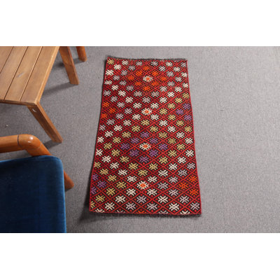 Small Vintage Turkish Kilim Area Rug - Red Antique Embroidered Door Mat for Entryway