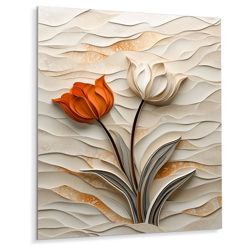 Beige And Red Dancing Serenade Of Tulip I - Floral Metal Wall Decor, Tulip Metal Print, 20" H x 12" W x 0.84" D