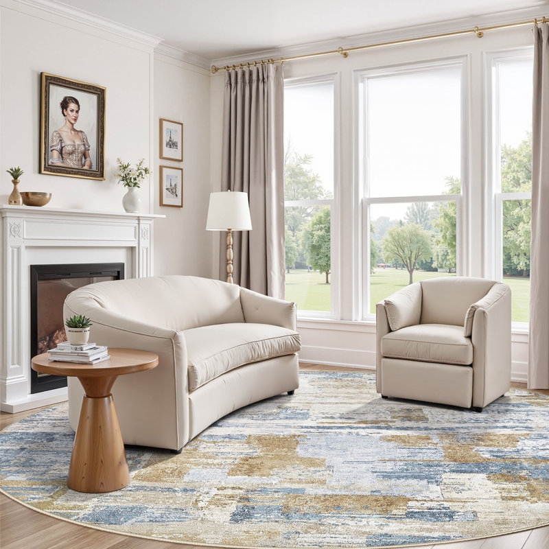 Tapis abstrait à motif abstrait Boho, Blue, Round 9'