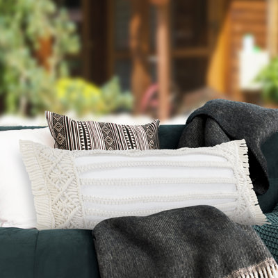 Outdoor Rectangular Solid Color Fringed Polyester Throw Pillow