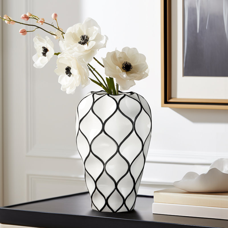  Sushmita 10" Black Outline Handmade Ceramic White Table Vase, 10.5-Inch Tall