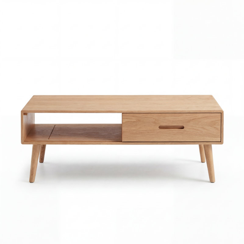 47"W Solid Oak Mid-Century Modern Coffee Table with Drawer, Natural Oak, 16.93" H x 47.24" L x 22.05" W