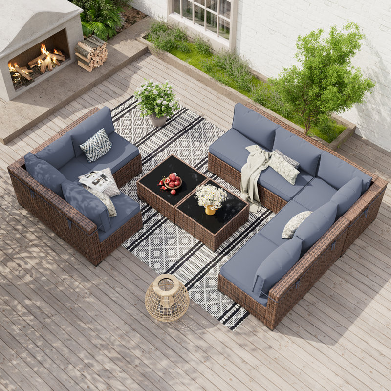 Mecayla Wicker 8 - Person Patio Conversation Set with Cushions, Gray
