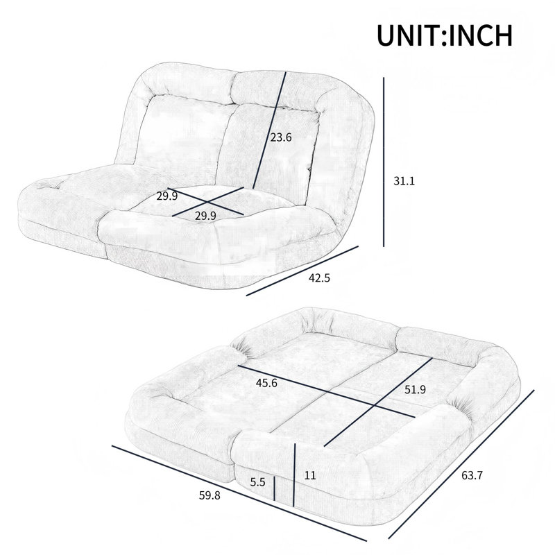 Fauteuil à billes convertible ajustable et pliable pour adultes, multi-usage pour dortoir | blanc cassé | Profondeur du siège 63,78