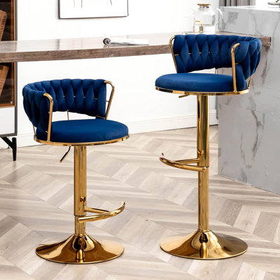 Swivel Bar Stools Set of 2, Counter Height Bar Stools with Low Back, Velvet Adjustable Height Barstools, Gold Bar Stools for Kitchen Island, Pub (Blue)