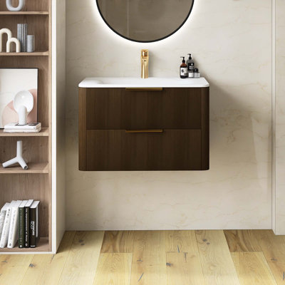 Meuble-lavabo flottant flottant pré-assemblé en contreplaqué ultra-rayé avec lavabo intégré et tiroirs intégrés en pierre frittée blanc de Carrare