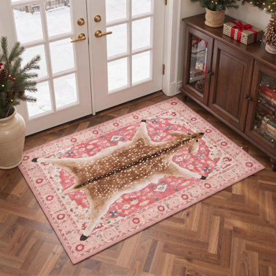 Tapis de salon lavable à poils ras, motif cerf tacheté et bordure flocons de neige, imprimé animaux de Noël rose/beige
