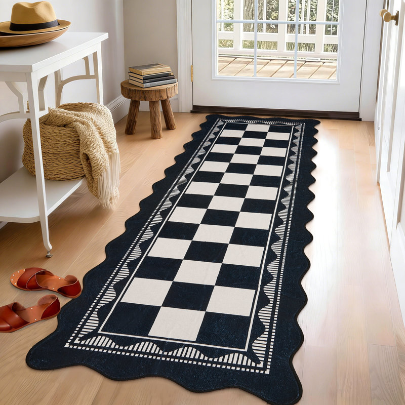 Tapis de couloir 2 pi x 6 pi festonné en damier festonné, envers en TPR antidérapant, tapis à bordure rétro pour vestibule d'entrée de cuisine