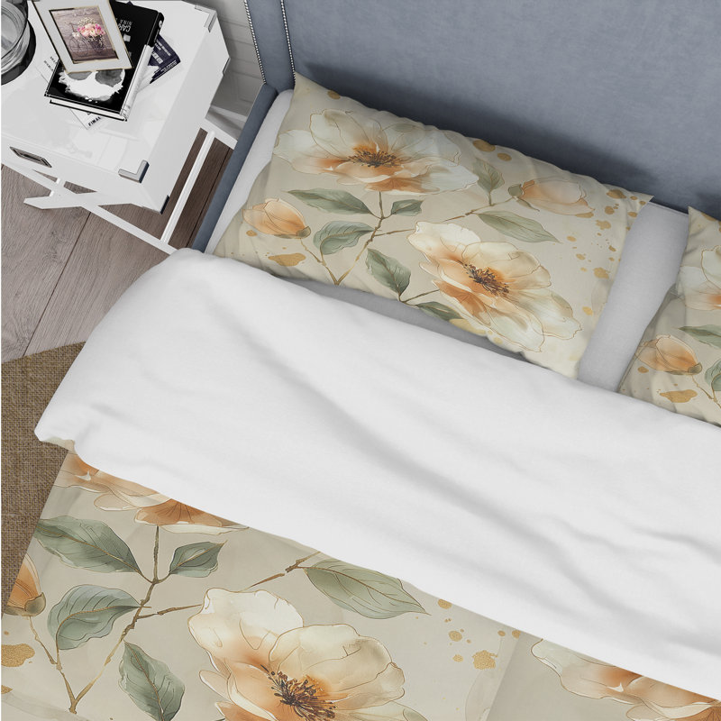 Gold Green Watercolor Floral Dream - Ensemble de housse de couette floral, Housse de couette pour grand lit + 2 taies décora