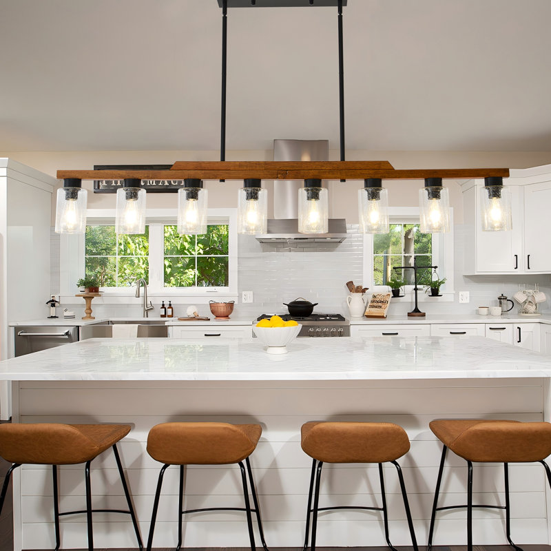 Luminaire suspendu linéaire en bois rustique 8 lumières avec abat-jour en verre bullé pour îlot de cuisine et salle à manger