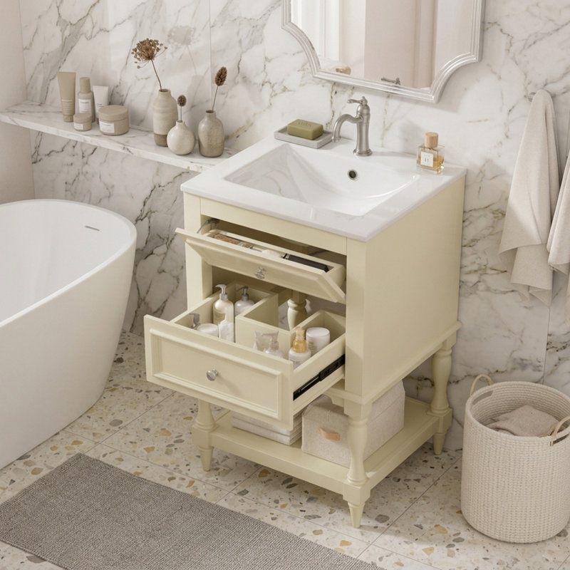 Meuble-lavabo de salle de bain avec lavabo, tablette ouverte et 2 tiroirs, Beige