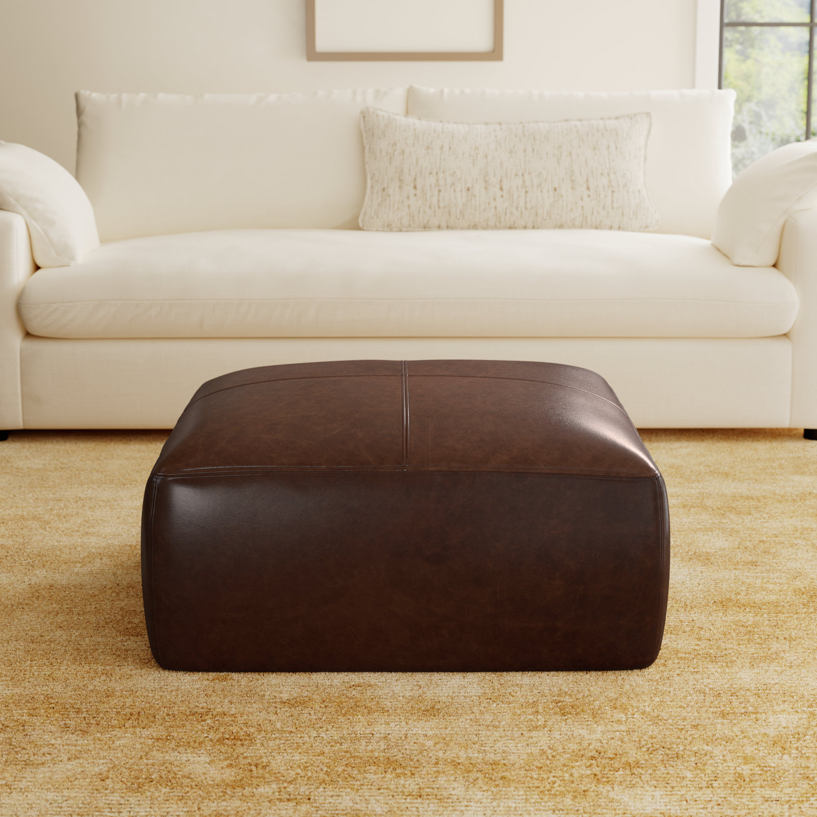 Heafield 35" Genuine Leather Ottoman, Chocolate Brown Genuine Leather