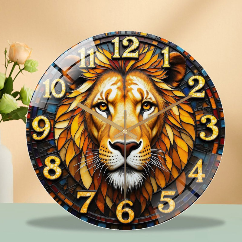 Lion Wall Clock with Colorful Stained Glass Design Art - 12'' Modern Glass Wall Clock