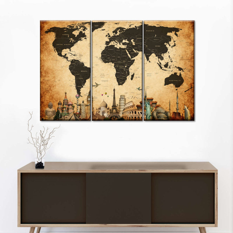 Carte du monde rétro, impression sur toile, H 45 po x l 28 po x P 1,25 po