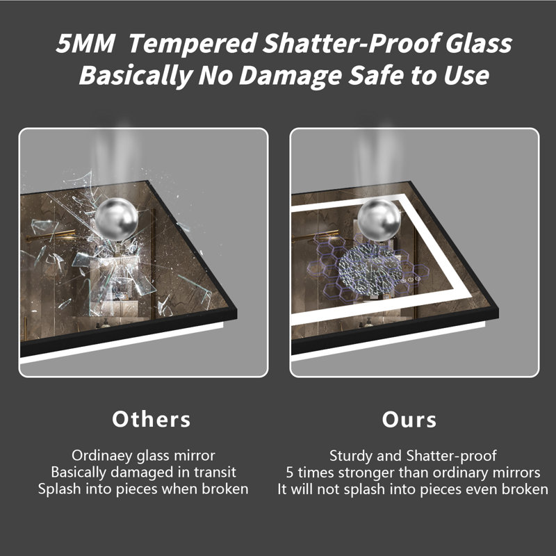 Matte Black LED Lighted Anti-Fog Vanity Mirror with Tempered Glass, 28" x 20"