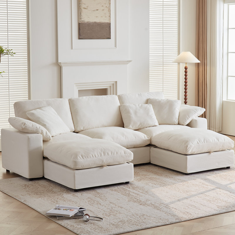 Canapé d'angle modulaire Cloud Couch, confort optimal. Sans compression sous vide. Garnissage en duvet et coton. Housses lavables - 3 places avec 2 poufs, blanc cassé.